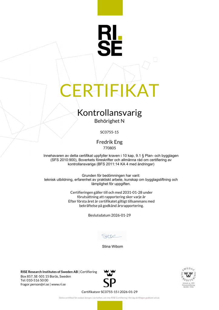 RISE-certifikat för Fredrik Eng, kontrollansvarig med behörighet N, giltigt till 28 januari 2031